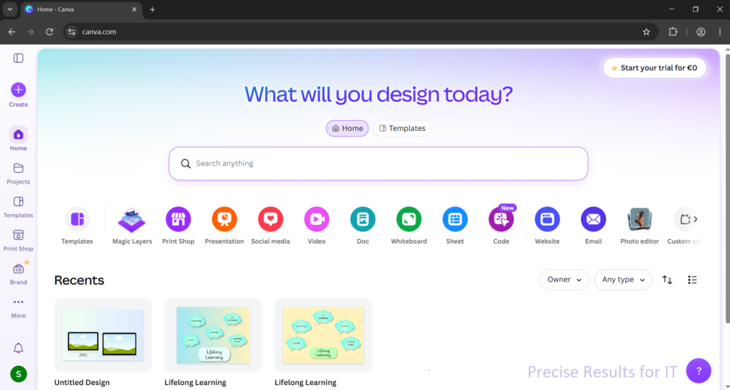 Начален екран на Canva - Precise Results for IT